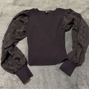 Lulus Black Ribbed Swiss Dot Balloon Sleeve Top Sweater